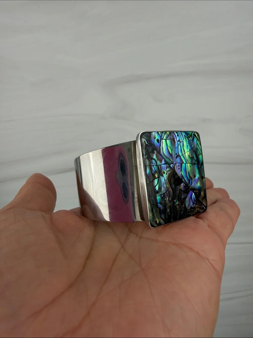 Silver Cuff Smart Bracelet with Abalone Iridescent Face